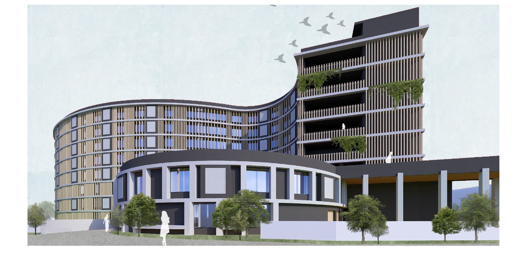 Adaptive Housing Bergamo curved facade with timber louvres and planted balconies